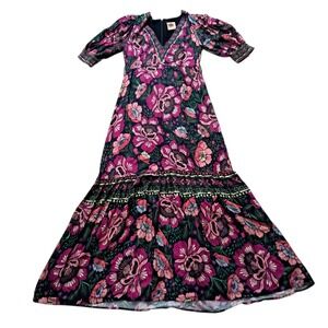 Farm Rio Flowers Garden Maxi Dress Women's Small Pink‎ V Neck Floral Tiered